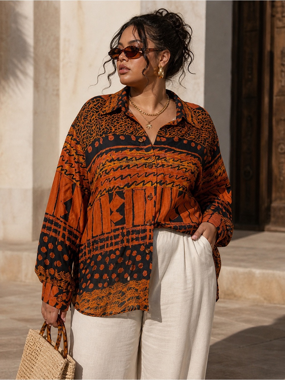 Vintage Russell Kemp NY Orange Black Patterned Button-Down Shirt 24 Retro Blouse
